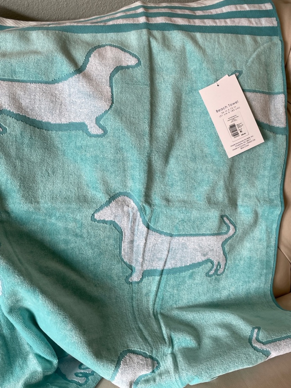 Dachshund Beach Towel in Aqua and White